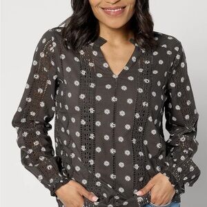 Anybody Women's  Size Med Floral Lace Black Top‎ Daisy Print Boho Peasant Blouse